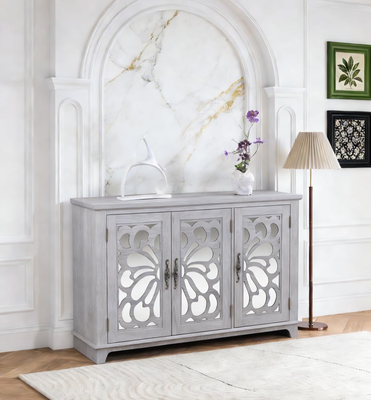 GDFStudio 49" Modern Buffet Sideboard Cabinet, Storage Cabinet with 3 Acrylic Mirrored Doors, Freestanding Credenza Buffet for Living Room Dining Room Kitchen, Large Countertop Coffee Bar, Light Gray