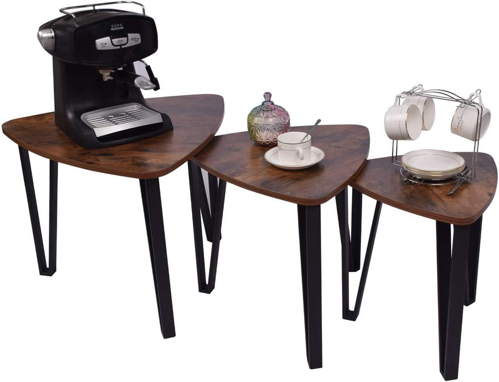 DRM 3pcs Industrial Nesting Triangle Coffee, End, Console Tables; Stackable; Wood Look, Iron Frame