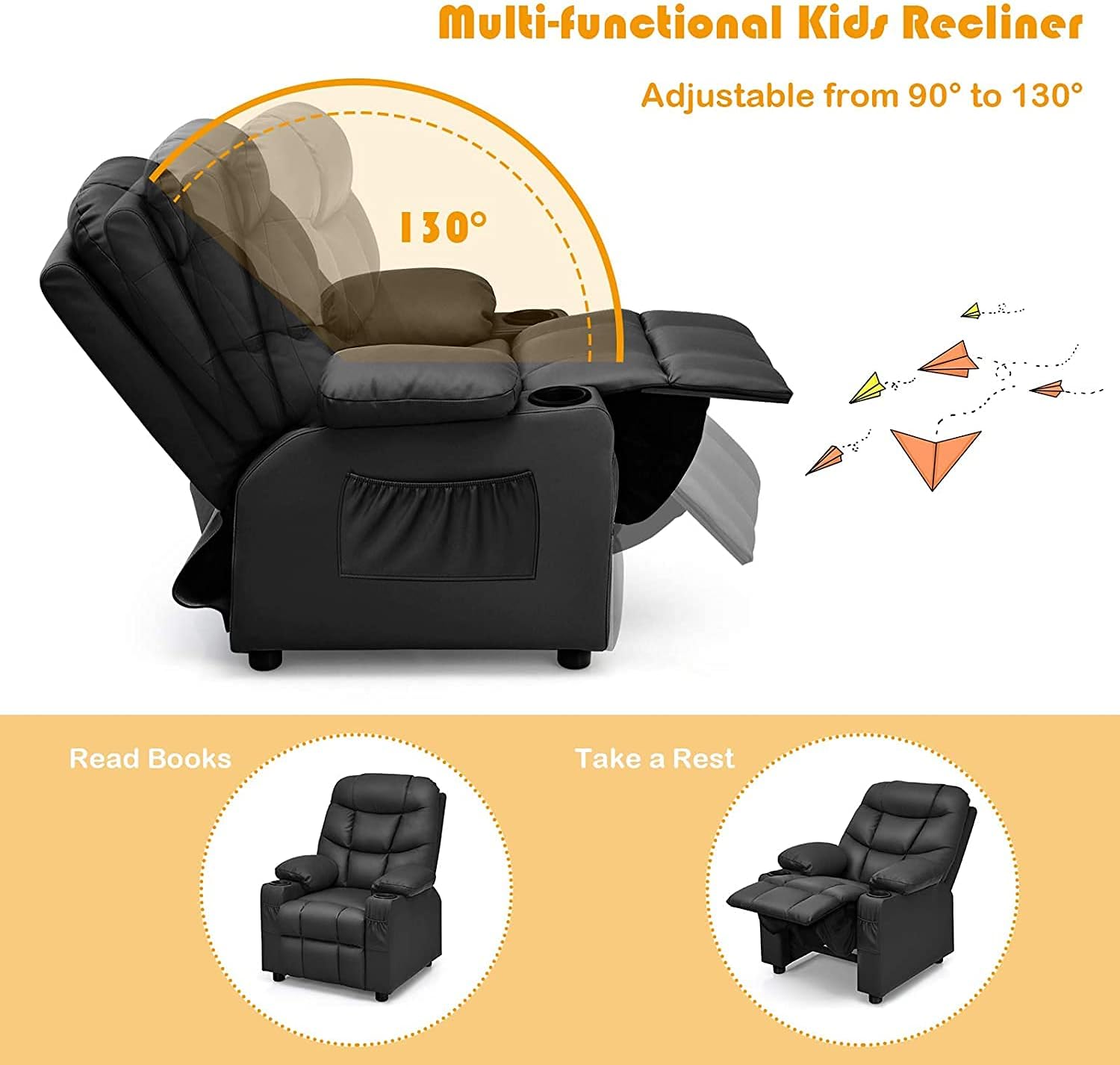 GLACER Kids Recliner Chair w/Cup Holder& Side Pockets, Children Recliner w/Comfortable Backrest, Armrests & Footrest, Toddler PU Leather Recliner for Boys Girls, 3+ Age Group, Black