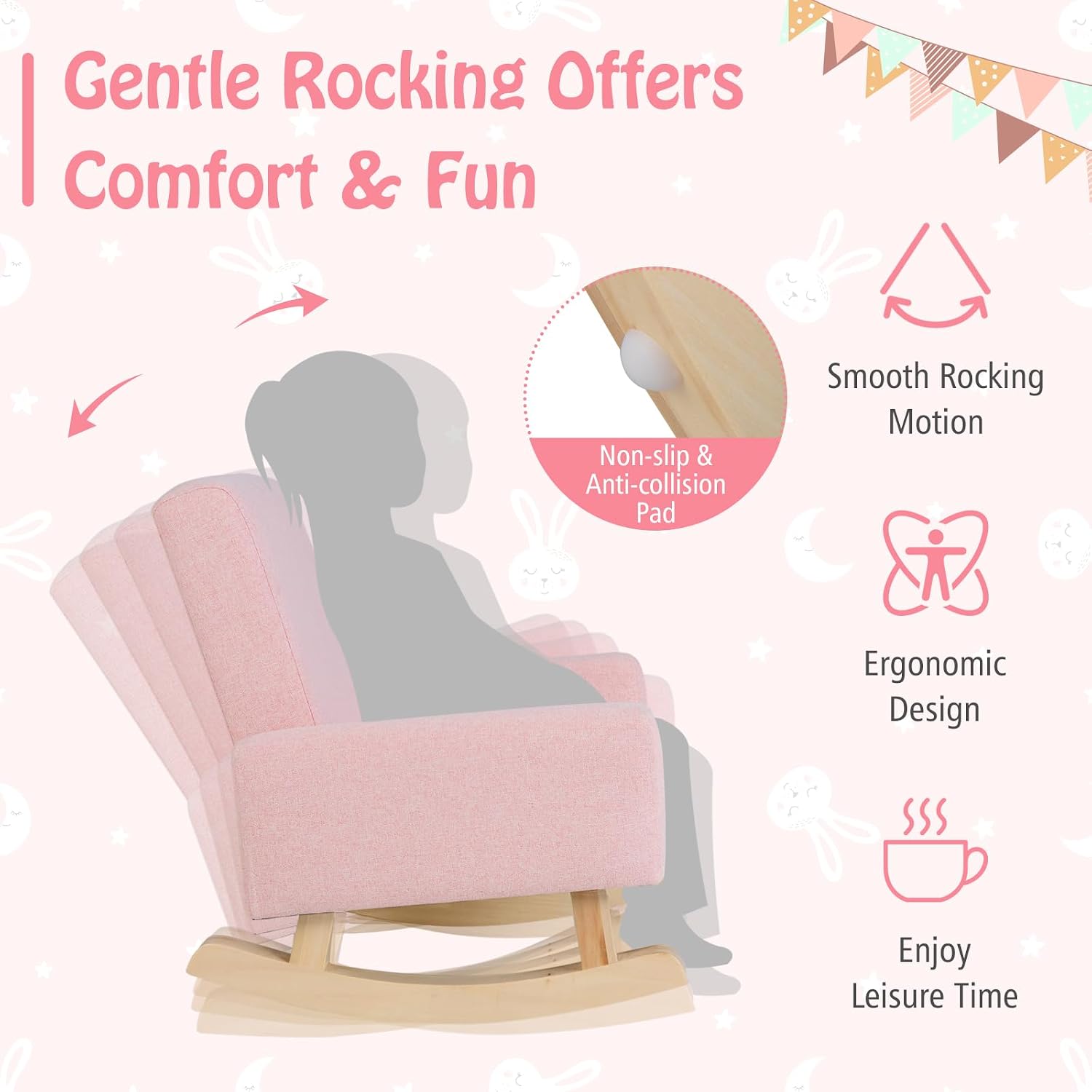 Toddler Rocking Chair, Kids Rocker Furniture with Comfy Thick Cushion & Solid Wood Base, Nursery Armchair Sofa for Bedroom, Baby Room, Suitable for 3-5 Years Old (Pink)
