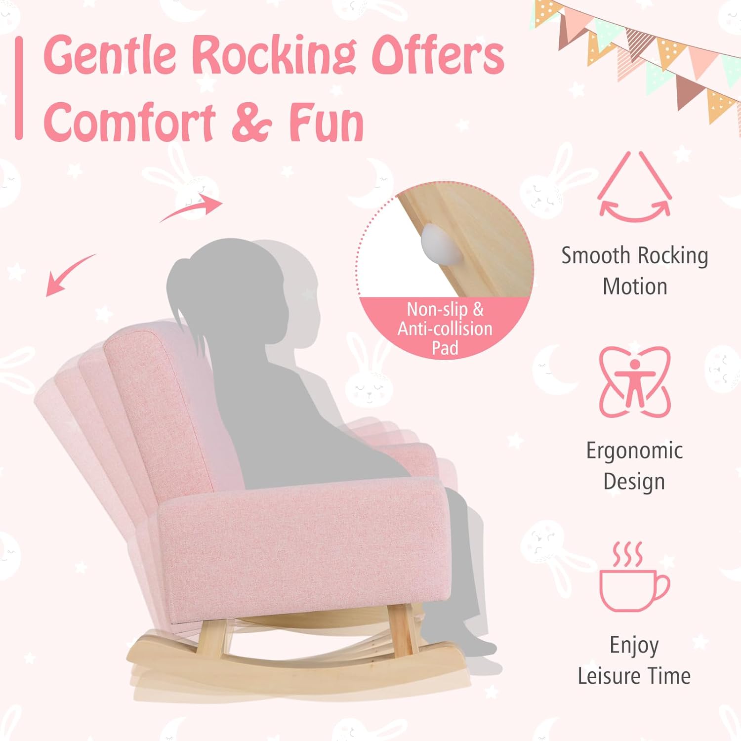 MAT EXPERT Kids Sofa, Upholstered Toddler Rocking Chair w/Solid Wood Base, Linen Fabric & Anti-Tip Device, Comfy Children Furniture, Armchair for Nursery Playroom Preschool, Boys & Girls Gift (Pink)