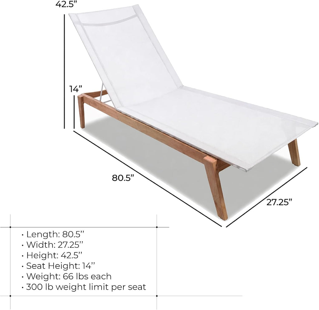 Menlo Stacking Teak & Sling Chaise Lounge Set of 2 — Grade A Teak Adjustable Pool Chairs with Wheels & 5-Position Backrest — Luxury Fully Assembled Poolside Furniture (White)