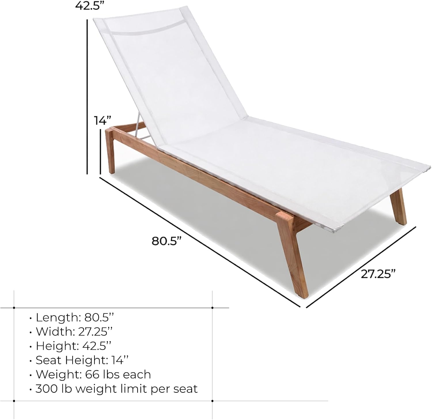 Menlo Stacking Teak & Sling Chaise Lounge Set of 2 — Grade A Teak Adjustable Pool Chairs with Wheels & 5-Position Backrest — Luxury Fully Assembled Poolside Furniture (White)