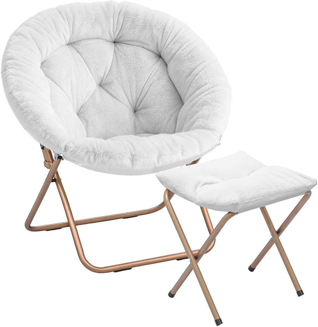Magshion Folding Saucer Chair for Adults with Ottoman, Circle Reading Chair for Bedroom, Living Room & Dorm, Furry Comfy Accent Seat with Metal Leg & Thick Padded for Small Spaces (White, 1 Pack)
