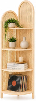 70" Tall Corner Bookshelf, 4-Tier Rattan Corner Shelf Stand for Small Spaces - Solid Wood Frame Display Organizer Rack, 90° Flush Wall Fit, Natural