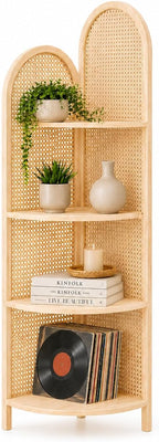 70" Tall Corner Bookshelf, 4-Tier Rattan Corner Shelf Stand for Small Spaces - Solid Wood Frame Display Organizer Rack, 90° Flush Wall Fit, Natural