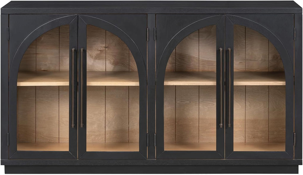 Large Arched Kitchen Sideboard, Wooden Storage Cabinet with Glass Doors with Adjustable Shelves for Kitchen, Dining Room and Bathroom (Black)