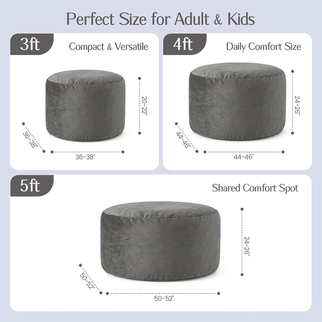3FT Bean Bag Chair, Medium Memory Foam Bean Bags with Ultra Soft Washable Dutch Velvet Cover, BeanBags for Living Room, Bedroom and Gaming Room -Grey