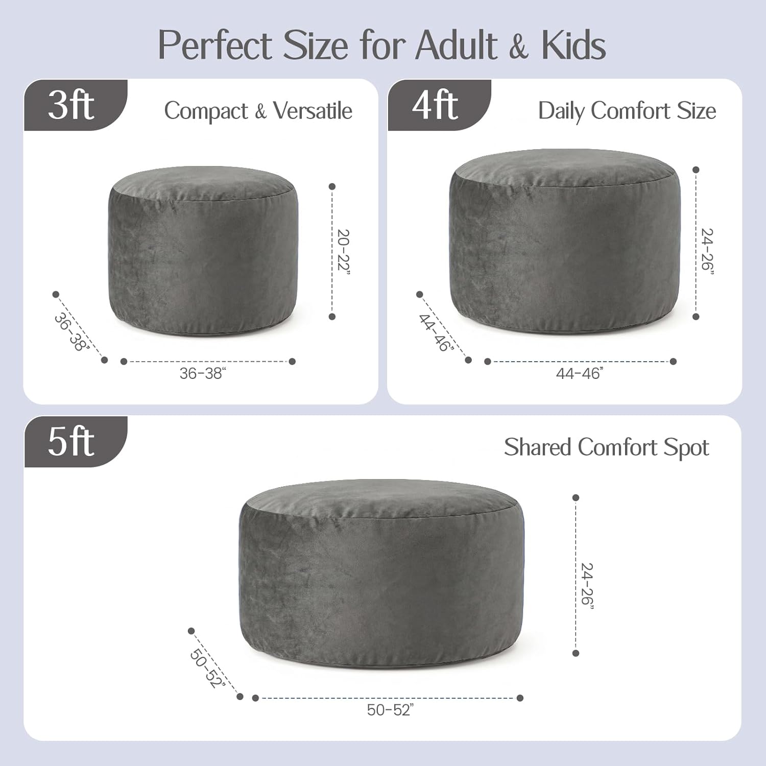 3FT Bean Bag Chair, Medium Memory Foam Bean Bags with Ultra Soft Washable Dutch Velvet Cover, BeanBags for Living Room, Bedroom and Gaming Room -Grey