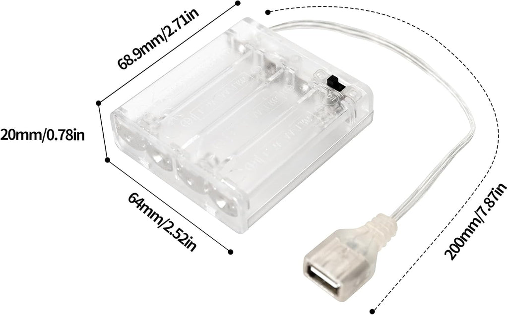 6V 4AA Battery Pack with USB Output - Portable Power Case for LED Neon Signs, Strip Lights & Fairy String - (2 Pack Transparent)
