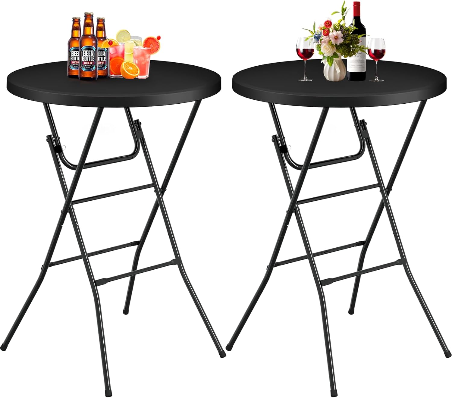 Round Folding Table, 32" Bar Height Tables for Parties and Commercial Events, Portable Plastic Table w/Thick Table Top, Metal Frame, Locking Legs, Indoor Outdoor Accessory, 2 Pack, Black