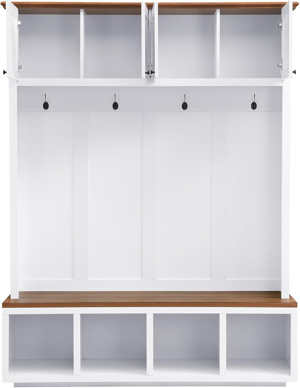 LUMISOL 59''W Hall Tree with Bench and Shoe Storage, Mudroom Bench with 4 Hooks, Open Compartments, 4 Storage Cabinets, Entryway Organizer for Entrance, Hallway, White