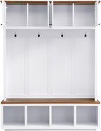 LUMISOL 59''W Hall Tree with Bench and Shoe Storage, Mudroom Bench with 4 Hooks, Open Compartments, 4 Storage Cabinets, Entryway Organizer for Entrance, Hallway, White