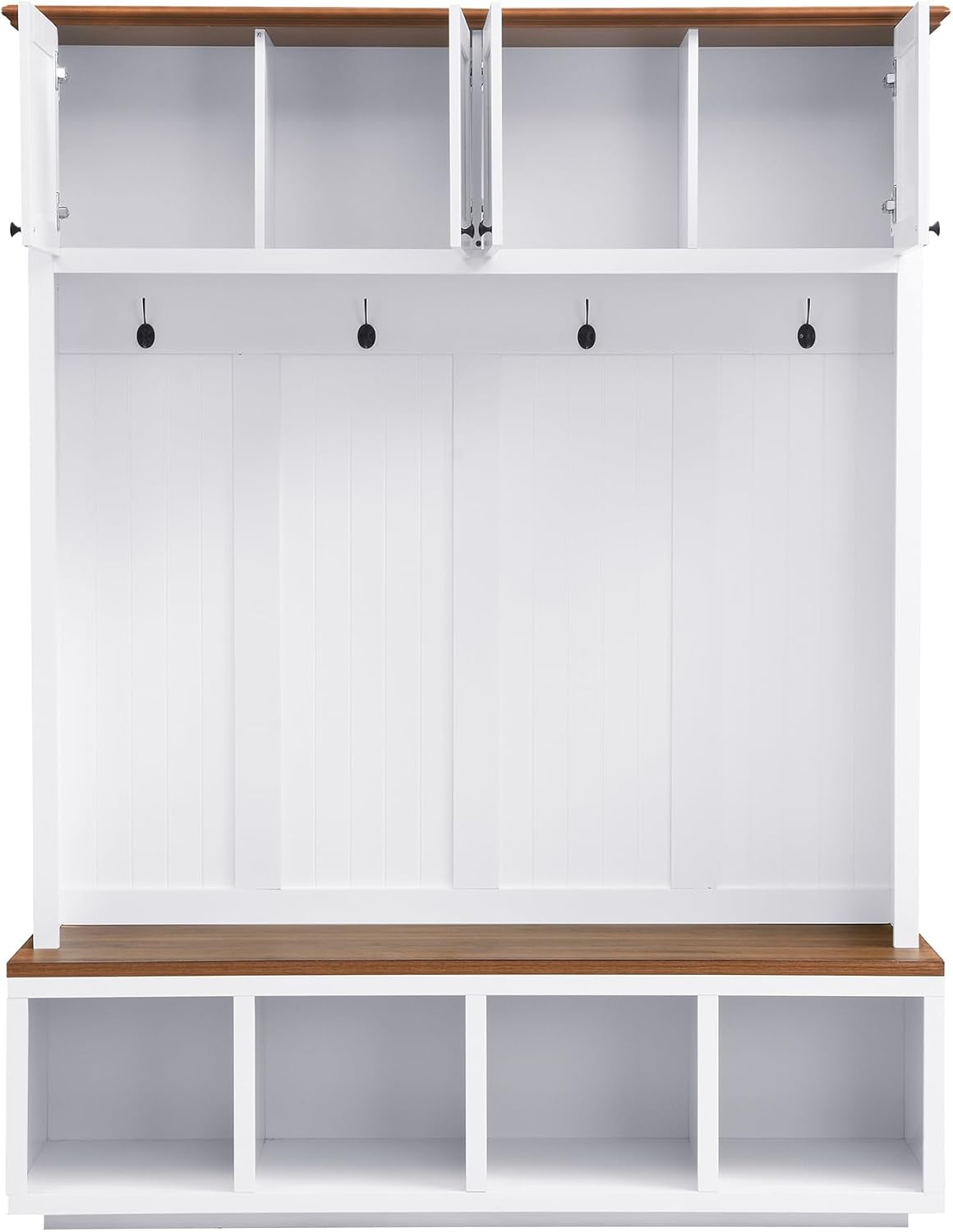 LUMISOL 59''W Hall Tree with Bench and Shoe Storage, Mudroom Bench with 4 Hooks, Open Compartments, 4 Storage Cabinets, Entryway Organizer for Entrance, Hallway, White