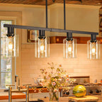4-Light Kitchen Island Lighting, Black Simplicity Bar Island Lights for Kitchen, Farmhouse Chandelier with Adjustable Height & Clear Glass Shades, Linear Hanging Dining Room Light Fixture Over Table