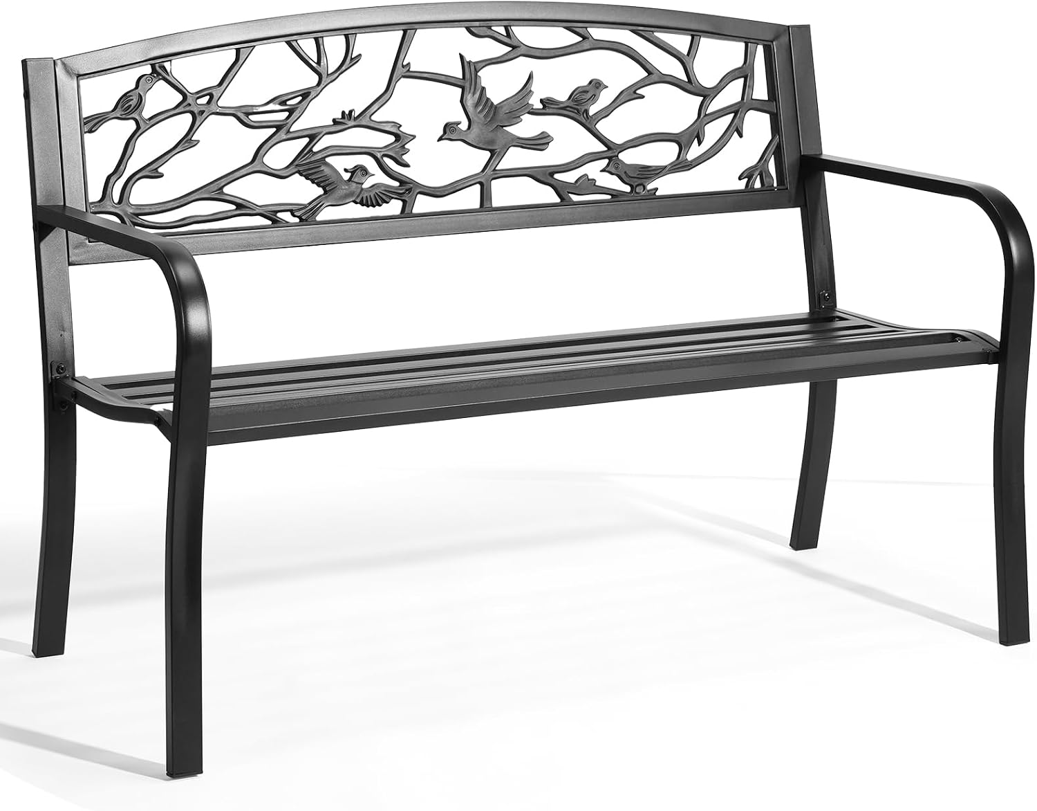 Outvita Outdoor Bench, 50" Iron Steel Frame Garden Bench with Magpie Pattern and Plastic Backrest Armrests, Patio Bench for Garden Park Yard Front Porch Patio, Black