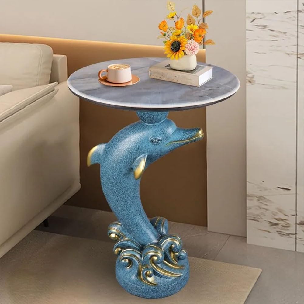 Dolphin Statue Side Table, Resin Pedestal End Table for Living Room, Ocean Coastal End Tables with Artificial Stone Tabletop, Blue Room Decor(Blue)