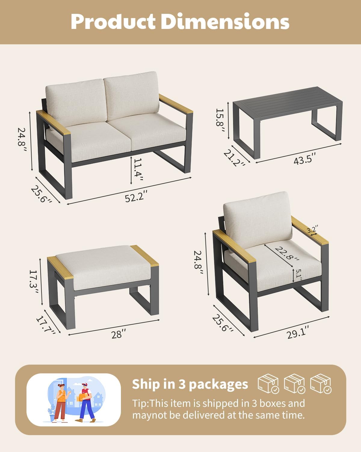 All-Weather Rust-Resistant Aluminum Patio Armchairs Set of 2 – Upgraded Cushions – Sturdy Metal Outdoor Seating for Balcony, Garden, Deck, Backyard – Beige