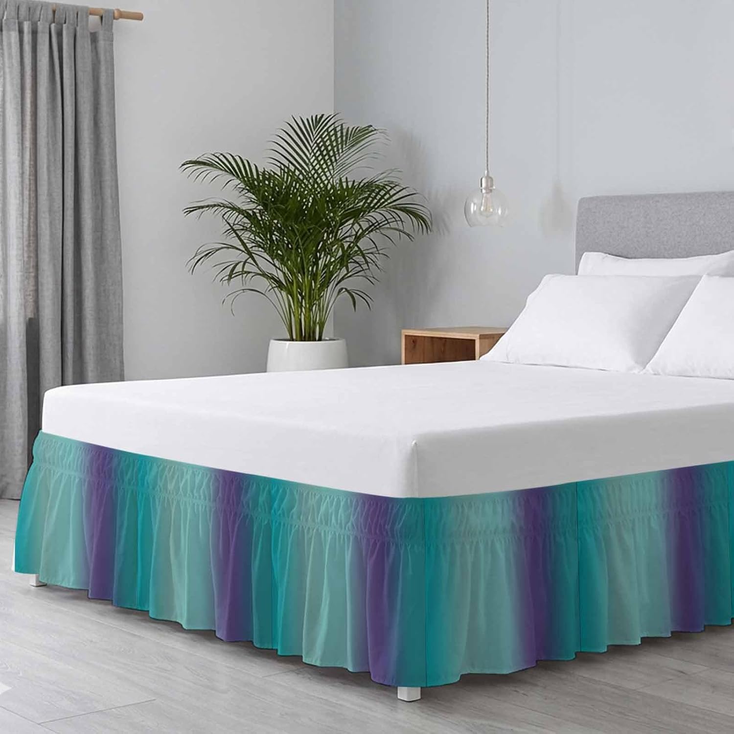 Teal Purple Ombre Bed Skirt King Size 18 Inch Drop, Wrap Around Bed Skirts, Modern Art Abstract Aesthetics Elastic Bedskirt Pleated Bed Frame Cover Luxurious Dust Ruffle for King Bed