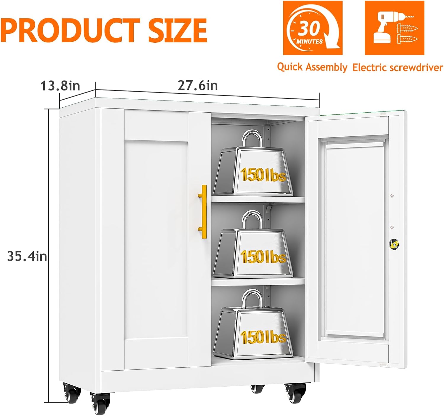 Metal Storage Cabinet with Wheels, 36" Tall Locking Storage Cabinet with 2 Adjustable Shelves, Locking Garage Cabinet, Steel Locker Organizer, for Office, Home, School, White