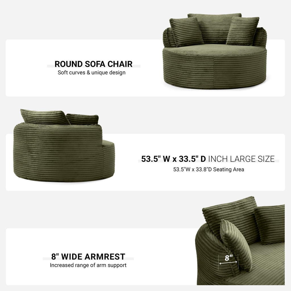 ivoros Oversized Round Lounge Chair Indoor, Corduroy Upholstered Deep Seat Cloud Circle Sofa Chair, Fluffy Boneless Sleeper Chair for Reading & Lounging, No Assembly Required (Green)