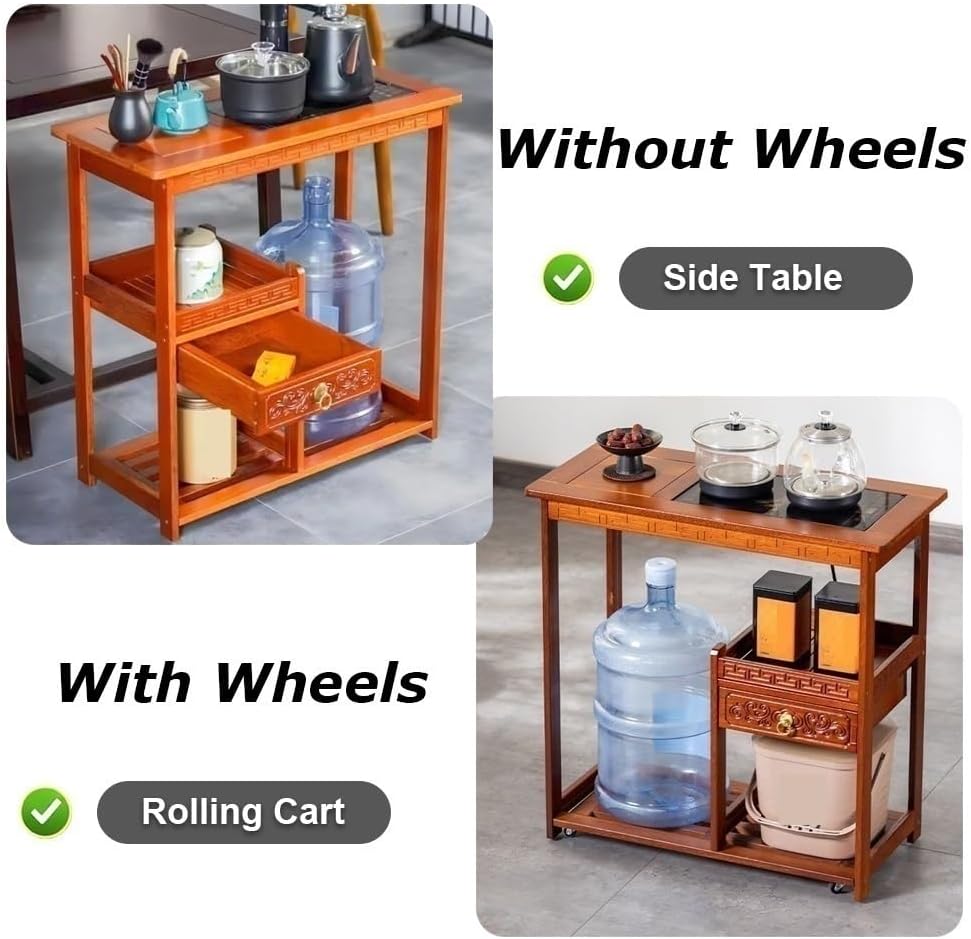 PedyrEda 2-in-1 Multi-Purpose Rolling Cart, Vintage Side Table with Wheels, Solid Wood Storage Cart with Drawers, Rotatable End Table for Living Room, Bedroom, Office(52cm/20.5in)