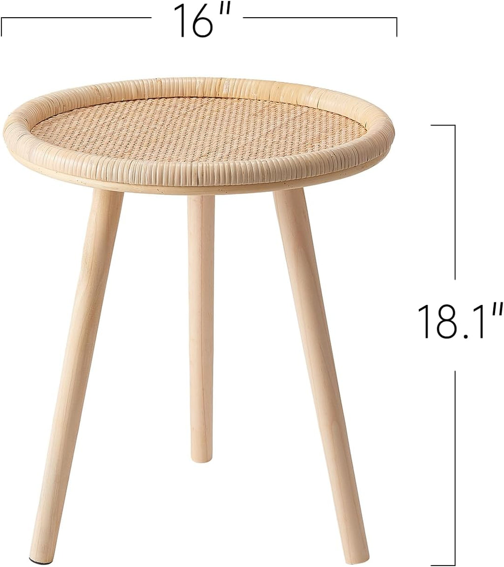 Small Rattan Side Table, Round Side Table for Living Room, Boho Wicker Coffee Table, Wooden Accent Table for Bedroom, Balcony, Small Space, Home Decor
