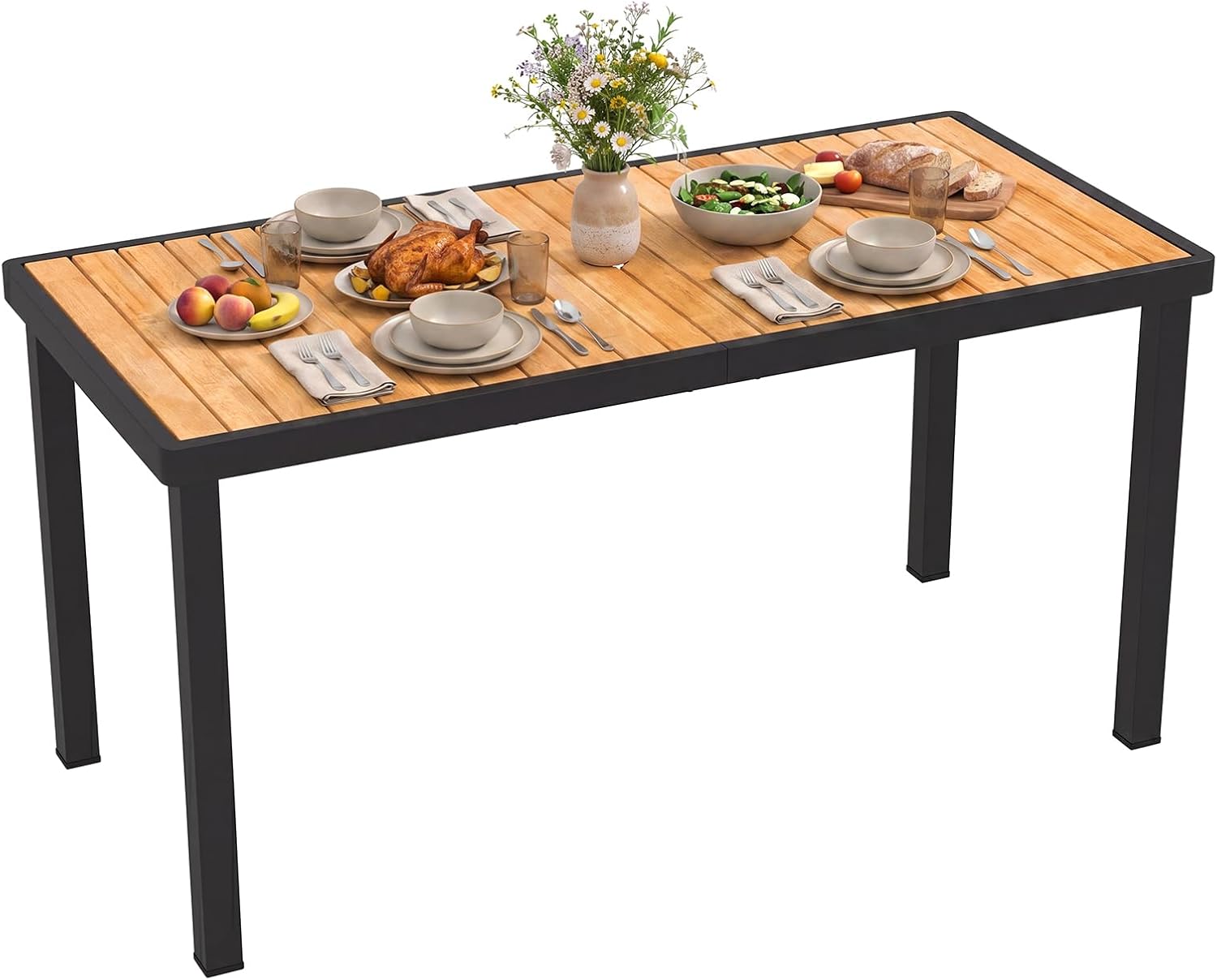 Tangkula 58" Rectangular Patio Dining Table for 6, Acacia Wood Outdoor Table with Slatted Top, 1.97" Umbrella Hole and Heavy Duty Metal Frame, Outside Table for Porch, Garden, Yard, Deck and Poolside