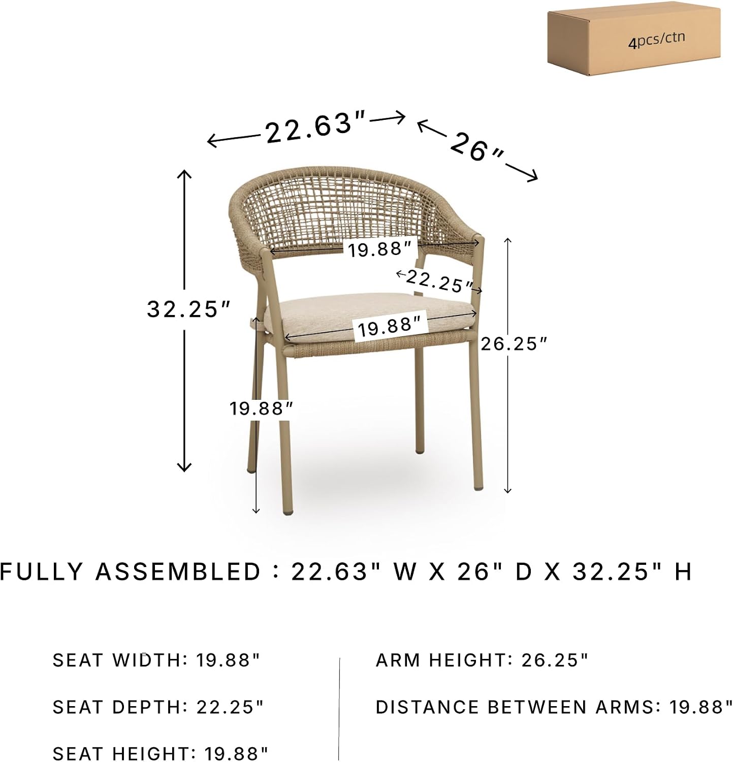 Signature Design by Ashley Ocean Park Set of 4 Outdoor Chairs with Cushions, Stackable, Rope Back, Powder Coated Aluminum Frame, Performance Fabric, Beige