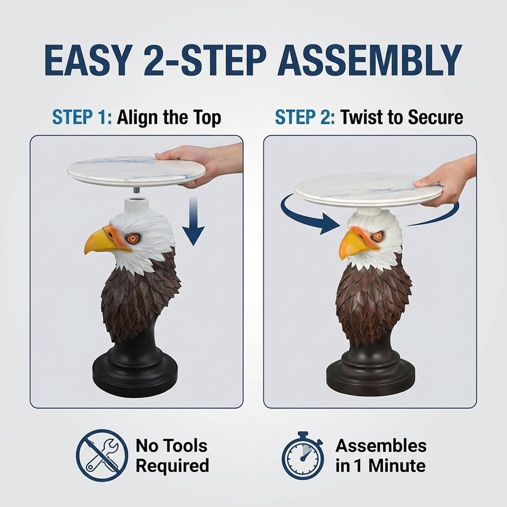 Animal End Tables, Eagle Head Accent Table with Artificial Marble Top, Resin Animal Statue Side Table for Living Room, Bedroom, Man Cave, Home Bar