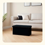 PINPLUS Velvet Storage Ottoman Bench with Foot Rest, Large Long Folding Shoes Stool, Sturdy Space-Saving Furniture for Bedroom Living Room, Black, 30"x15"x15"