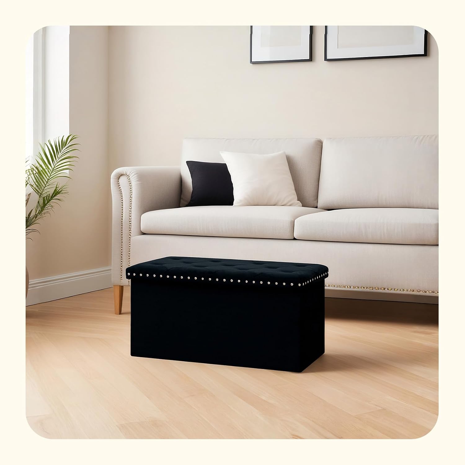 PINPLUS Velvet Storage Ottoman Bench with Foot Rest, Large Long Folding Shoes Stool, Sturdy Space-Saving Furniture for Bedroom Living Room, Black, 30"x15"x15"