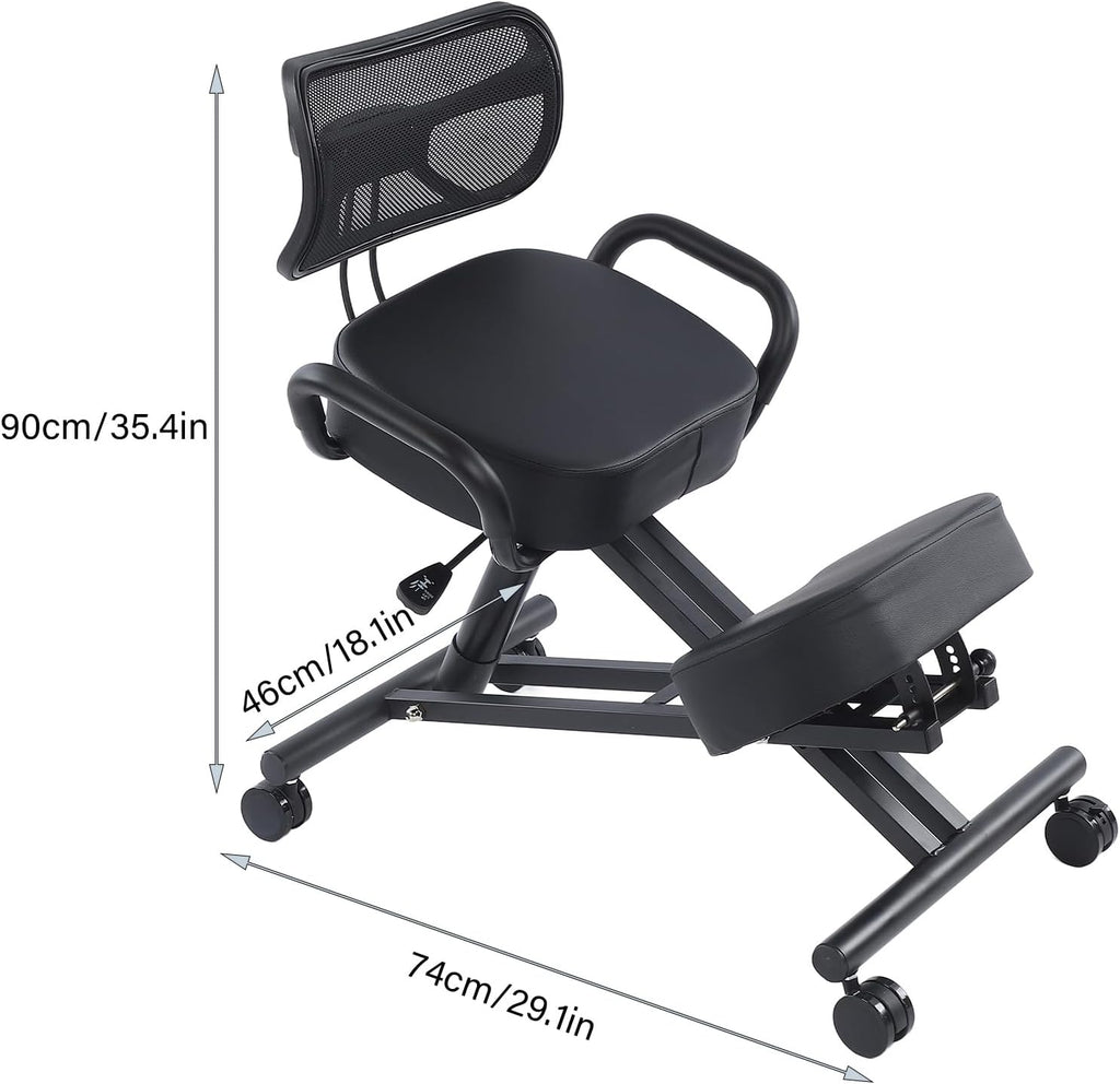 Height Adjustable Ergonomic Kneeling Chair, Breathable Mesh Back Leather Cushion Spine Alignment Multi Angle Adjustment for Home Office Study Working Relaxation Shoulder