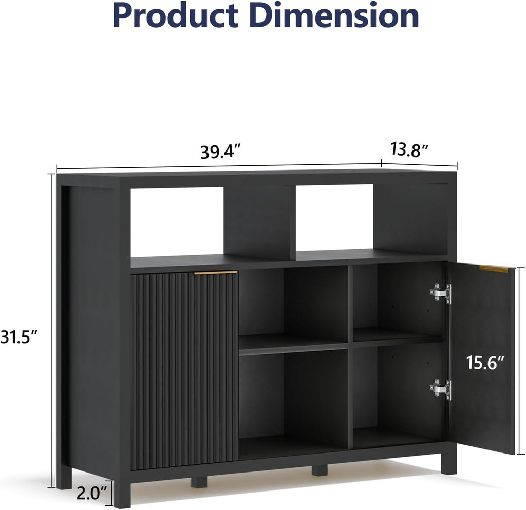 Sideboard Buffet Storage Cabinet, Modern Wood Sideboard with 2 Fluted Doors, Coffee Bar Buffet Table with 4 Large Open Shelf, Accent Storage Cabinet for Living Room Entryway, Black