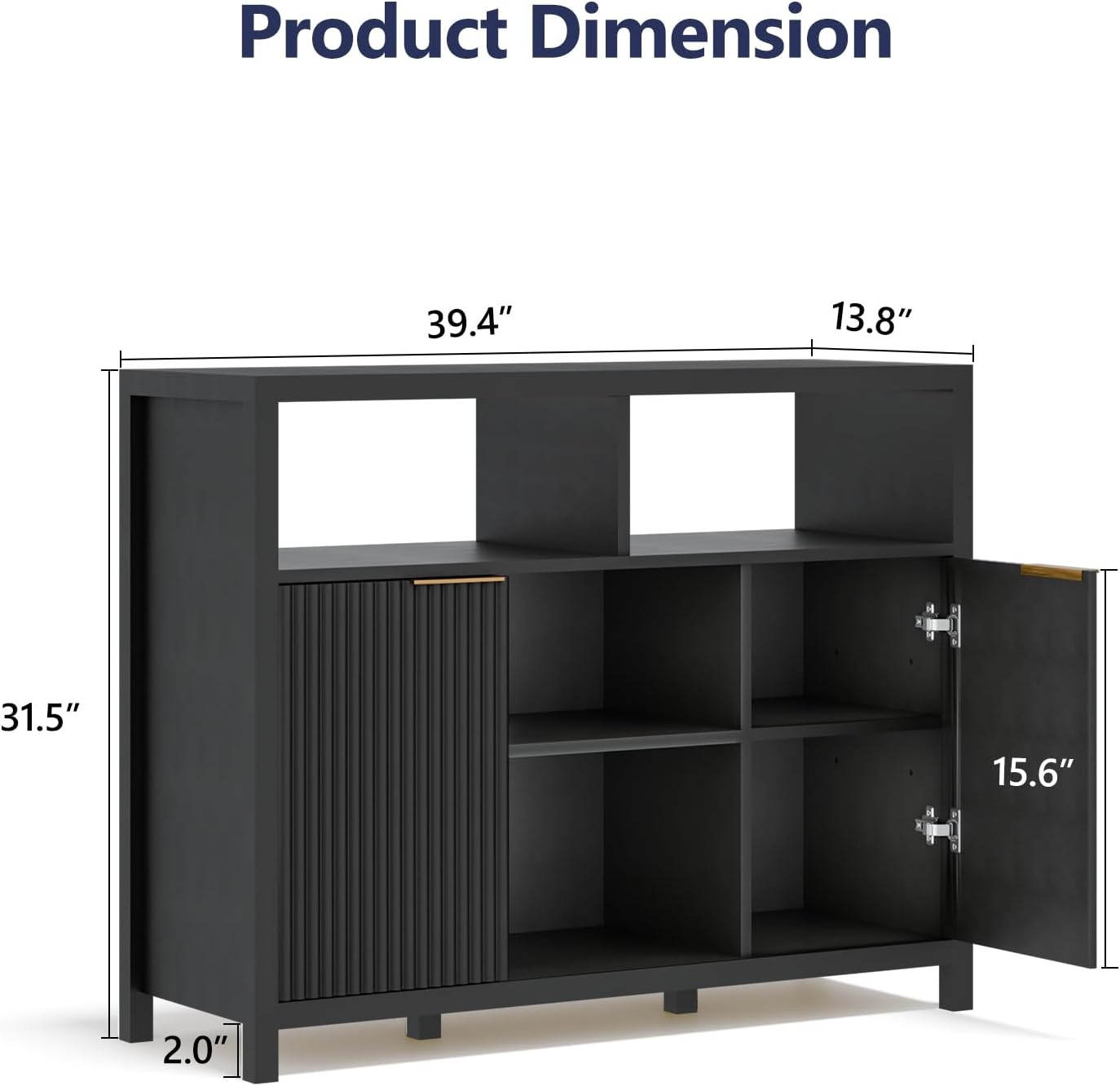Sideboard Buffet Storage Cabinet, Modern Wood Sideboard with 2 Fluted Doors, Coffee Bar Buffet Table with 4 Large Open Shelf, Accent Storage Cabinet for Living Room Entryway, Black