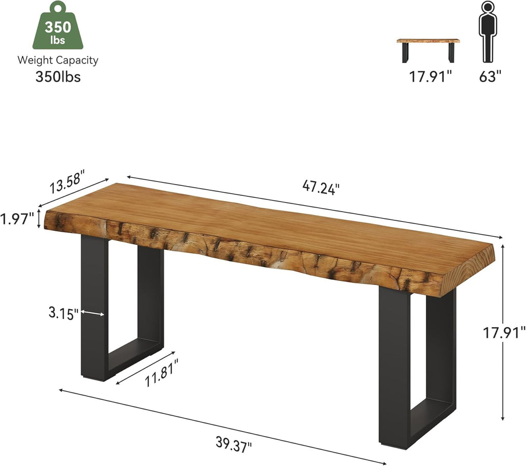 47" Solid Wood Entryway Bench, Industrial Wooden Shoe Bench with Metal Legs, Narrow Long End of Bed Bench for Bedroom, Living Room, Small Space, Easy Assembly