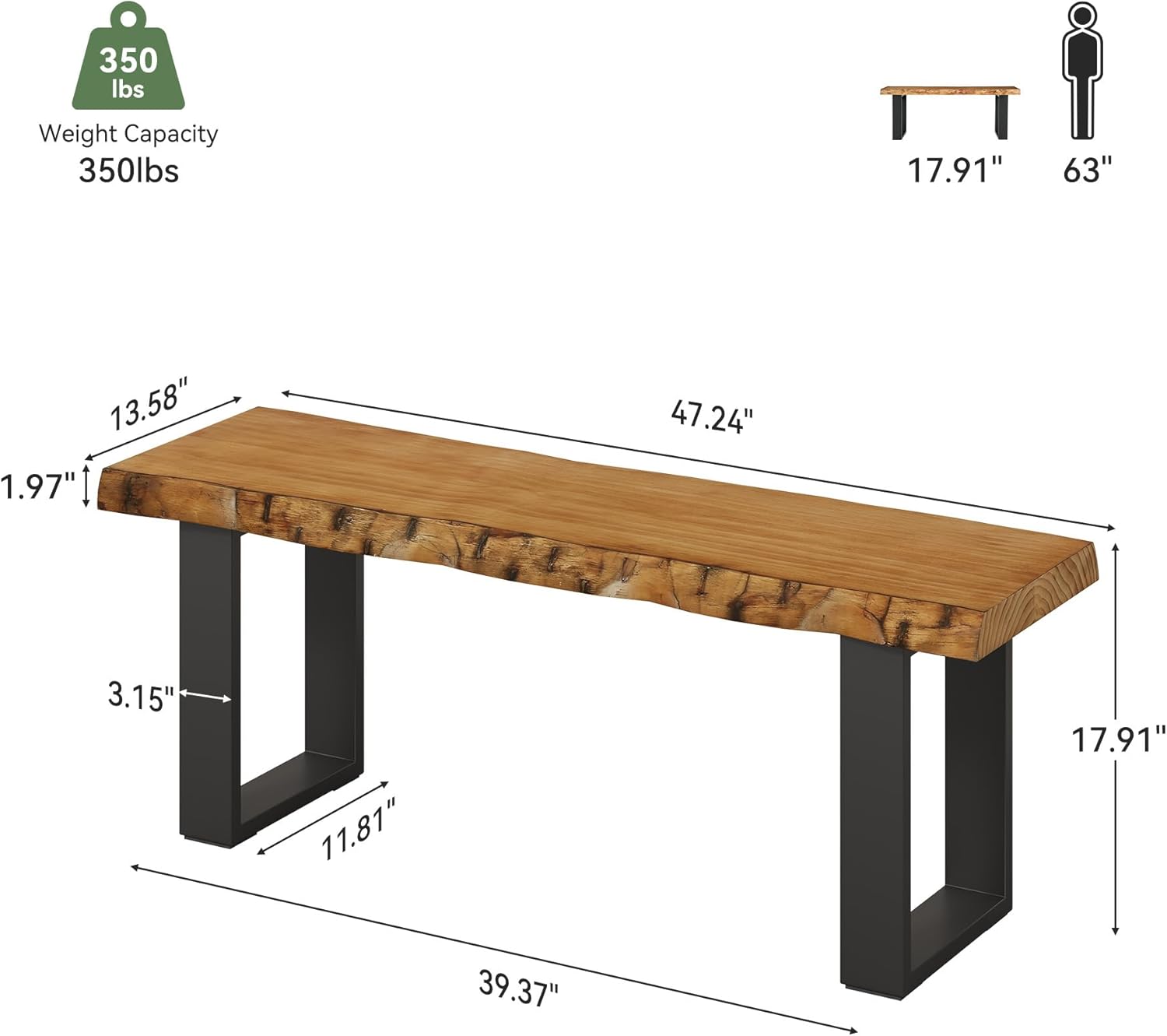 47" Solid Wood Entryway Bench, Industrial Wooden Shoe Bench with Metal Legs, Narrow Long End of Bed Bench for Bedroom, Living Room, Small Space, Easy Assembly