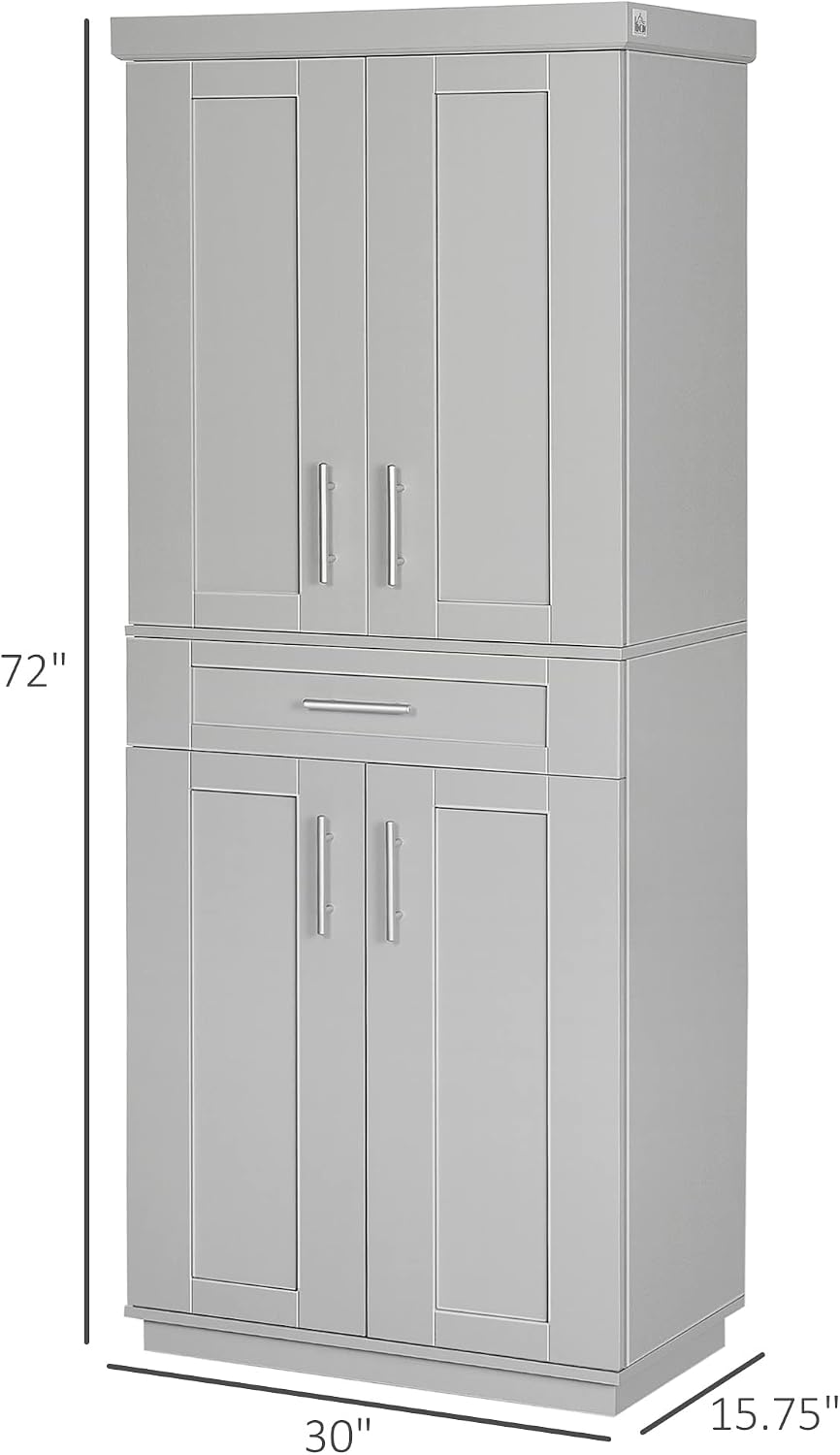 Modern Kitchen Pantry Freestanding Cabinet Cupboard with Doors and Drawer, Adjustable Shelving, Grey,15.75 * 30 * 72