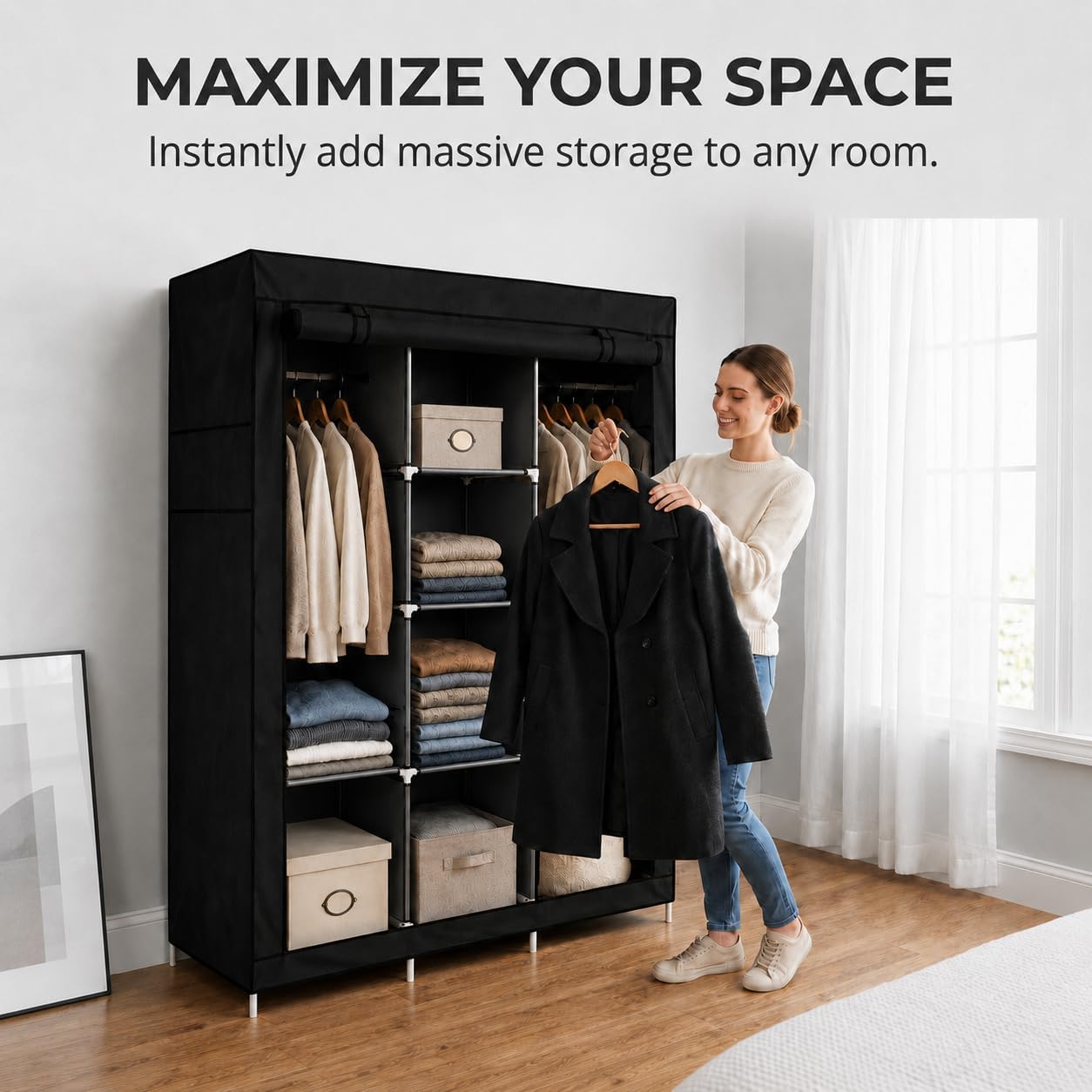 American Dream Heavy Duty Storage Closet, Black, 50.3" W x 18" D x 67" H | Freestanding, Wardrobe Organizer Cabinet, With Shelving