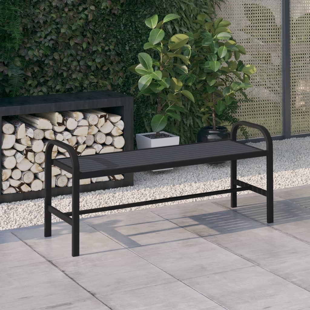 Outdoor Garden Bench 49 inch Black Steel and WPC 3-Seater Patio Seating for Backyard Park Porch