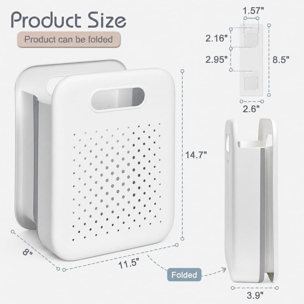 Goderewild Collapsible Laundry Basket, Space-Saving Wall-Mounted Hamper, Detachable Hanging Organizer for Home, Dorms, RVs, Measures 11.8" x 8" x 14.7" In (White)