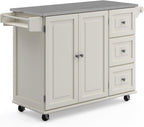 53.5" Kitchen Island Cart with Storage, Rolling Kitchen Cart on Wheels with Stainless Steel Top, Mobile Prep Station with Drawers, Cabinets, Adjustable Shelves & Towel Rack, Solid Wood, Off White