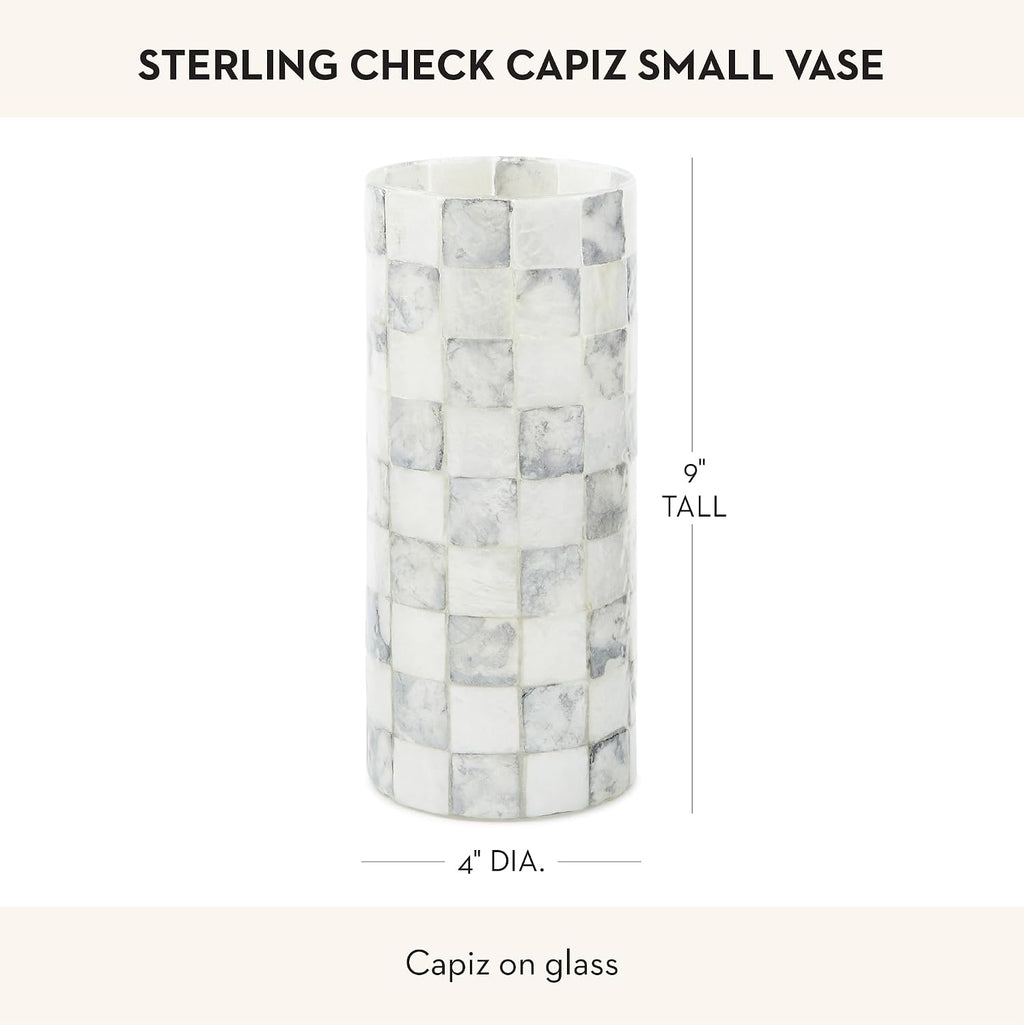 MACKENZIE-CHILDS Capiz Small Vase, Unique Flower-Vase Decor, Gray-and-White Sterling Check