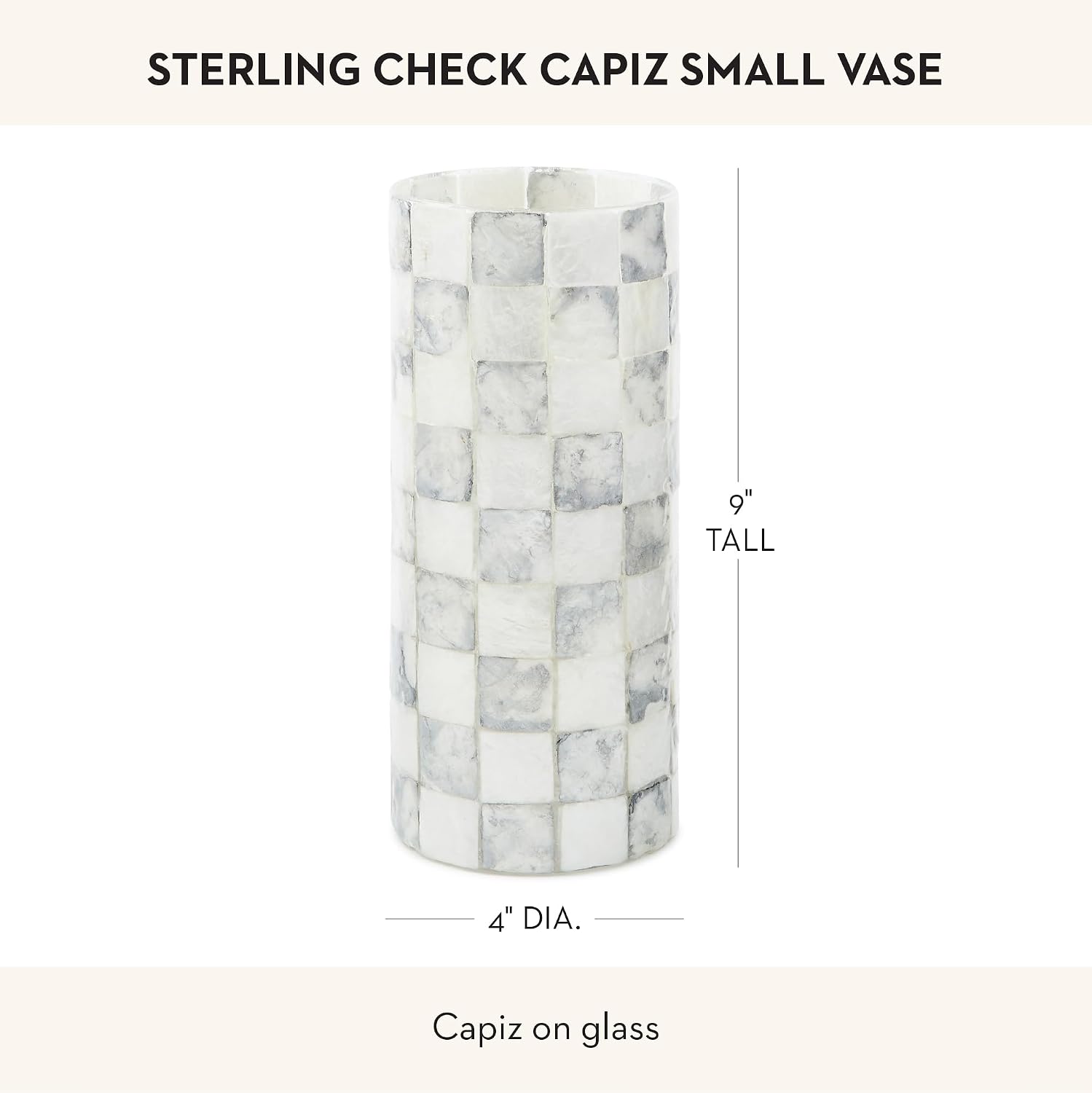 MACKENZIE-CHILDS Capiz Small Vase, Unique Flower-Vase Decor, Gray-and-White Sterling Check