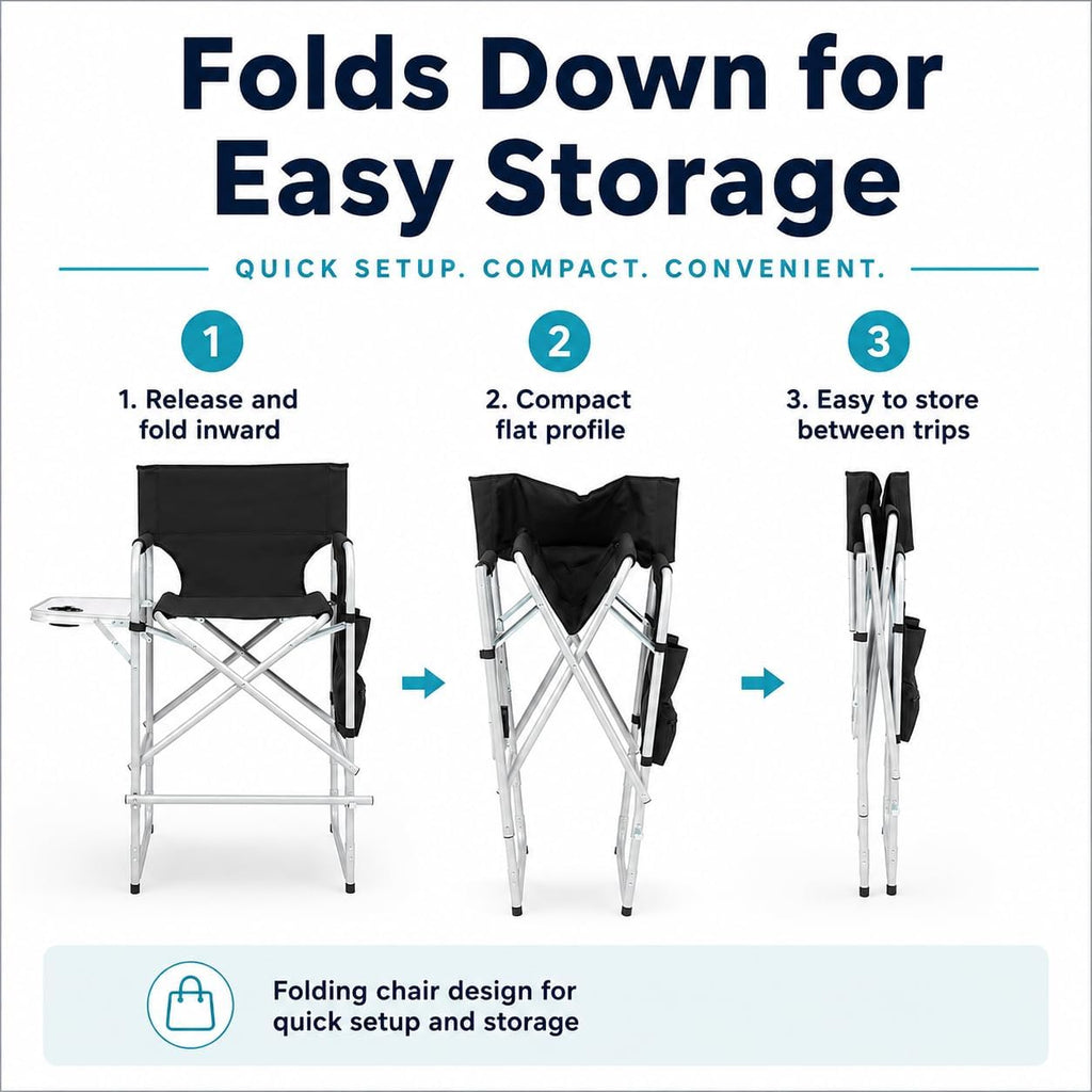 YUNWANG Tall Folding Directors Chair - High Foldable Bar Stool with Side Table Cup Holder and Storage Pocket - Seat Height Artist Chair for Makeup Artist Face Painting