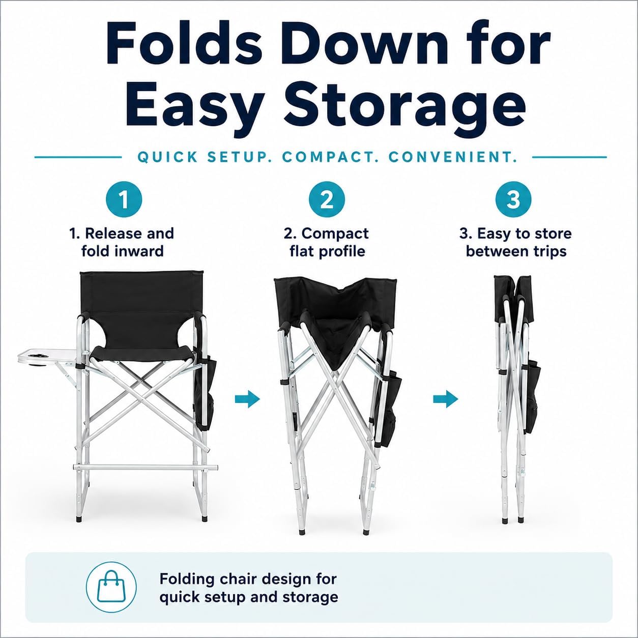 YUNWANG Tall Folding Directors Chair - High Foldable Bar Stool with Side Table Cup Holder and Storage Pocket - Seat Height Artist Chair for Makeup Artist Face Painting