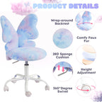 HOMREST Chair with Wheels,Cute Fluffy Desk Chair for Girls with Butterfly Back,Adjustable Seat Height, Faux Fur Swivel Vanity Chairs for Children Bedroom & Reading Room, Study/Vanity,Colorful Blue