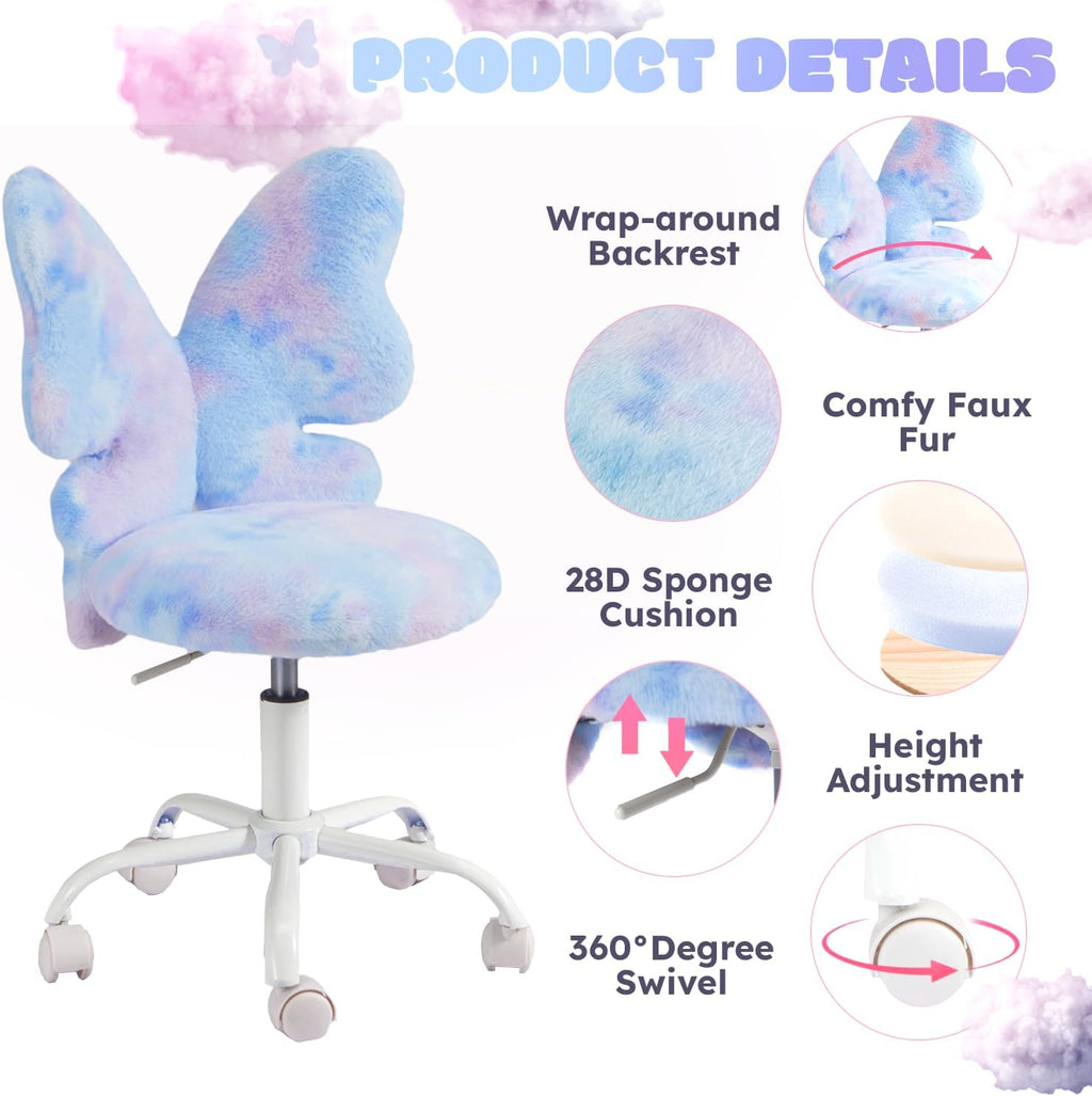 HOMREST Chair with Wheels,Cute Fluffy Desk Chair for Girls with Butterfly Back,Adjustable Seat Height, Faux Fur Swivel Vanity Chairs for Children Bedroom & Reading Room, Study/Vanity,Colorful Blue
