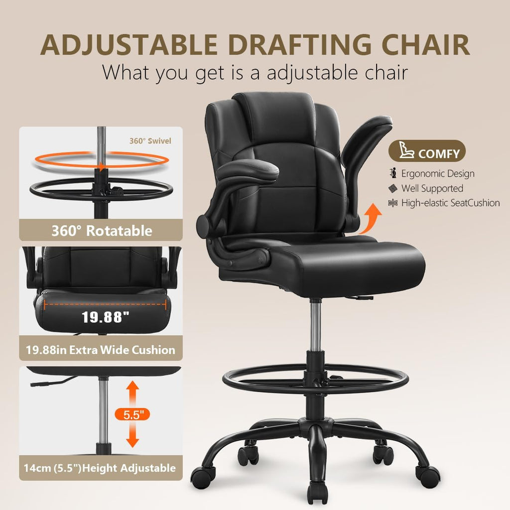 Pu Leather Drafting Chair,Tall Office Chair for Standing Desk with Footring,Counter Height Adjustable High Office Chair with Flip-up Armrests for Home,Drawing
