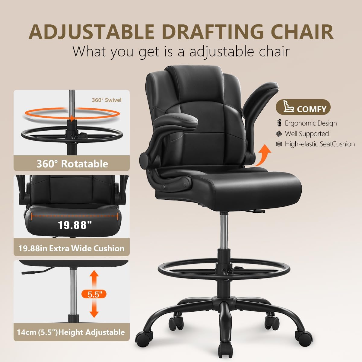 Pu Leather Drafting Chair,Tall Office Chair for Standing Desk with Footring,Counter Height Adjustable High Office Chair with Flip-up Armrests for Home,Drawing